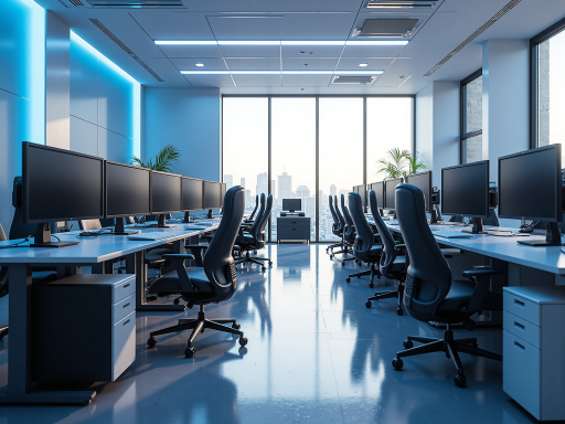 现代化办公室内部场景，配备先进设备和科技元素，明亮灯光，专业团队工作环境